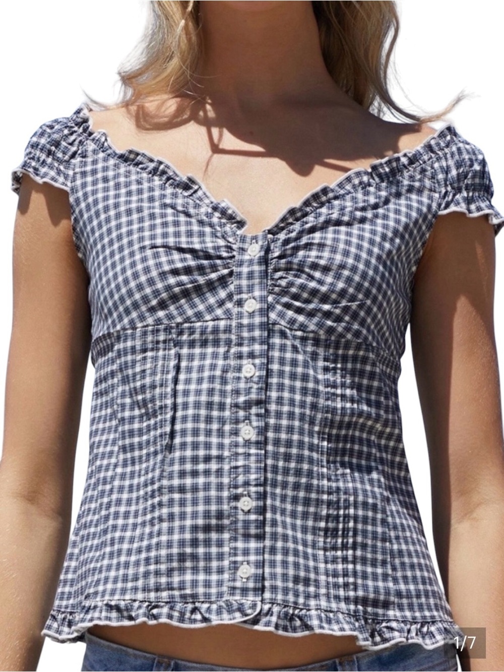 Brandy Melville NWT Navy Gingham Button Top XS/Small Coquette Y2K Cute